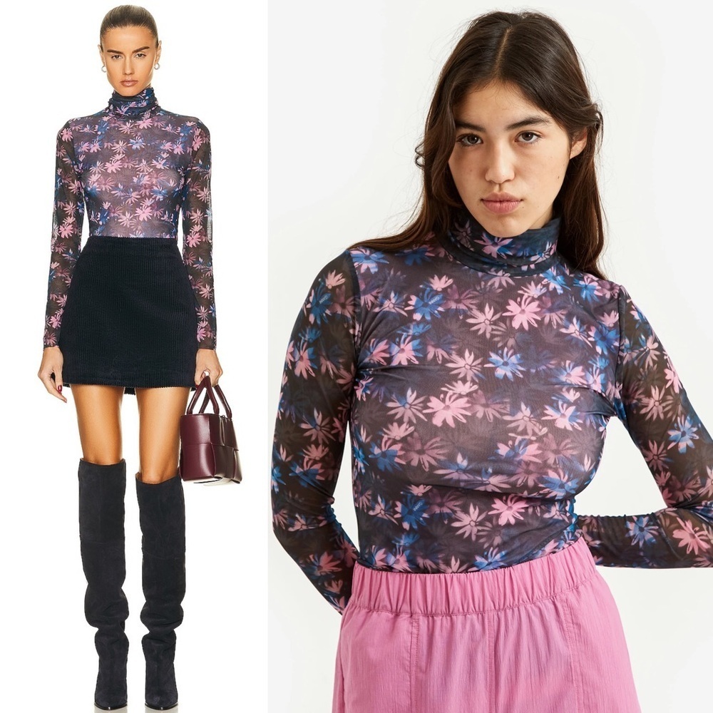 GANNI 90s Daisy Print Sheer Mesh Long Sleeve Lightweight Turtleneck Slim Top XS